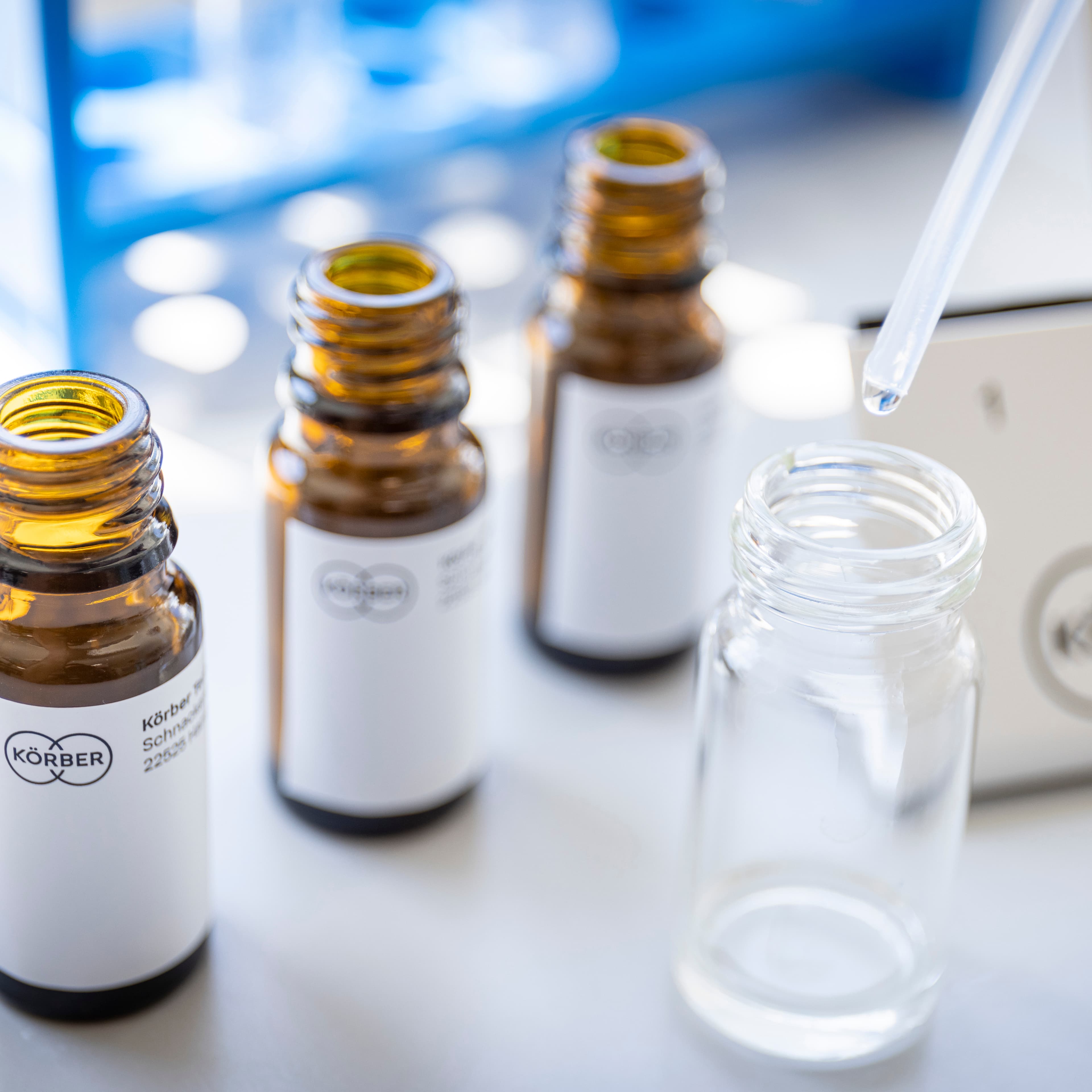 Nicotine flavour bottles in a testing lab