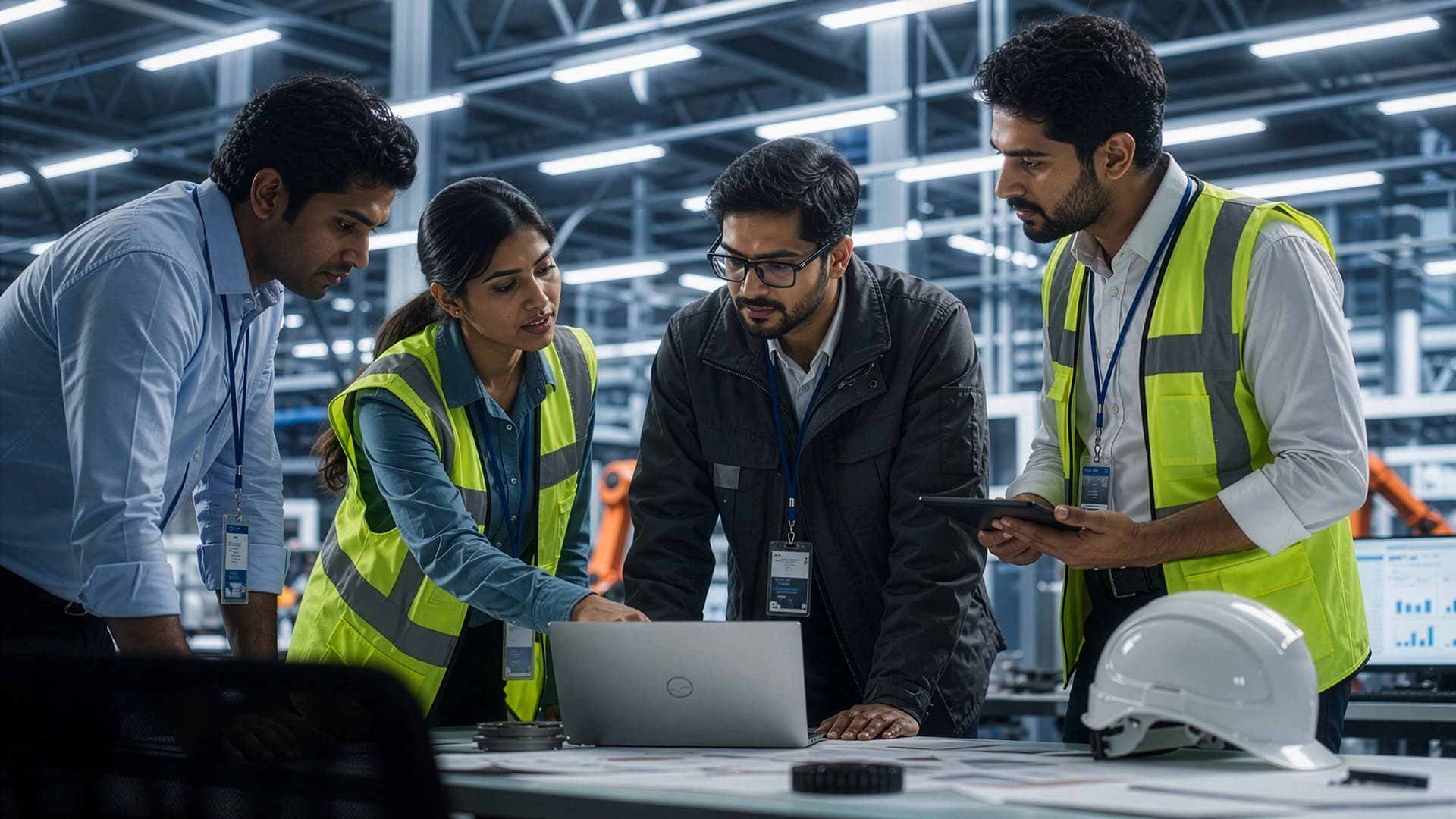 Group of workers wearing yellow vest gathering around a computer discussing work.