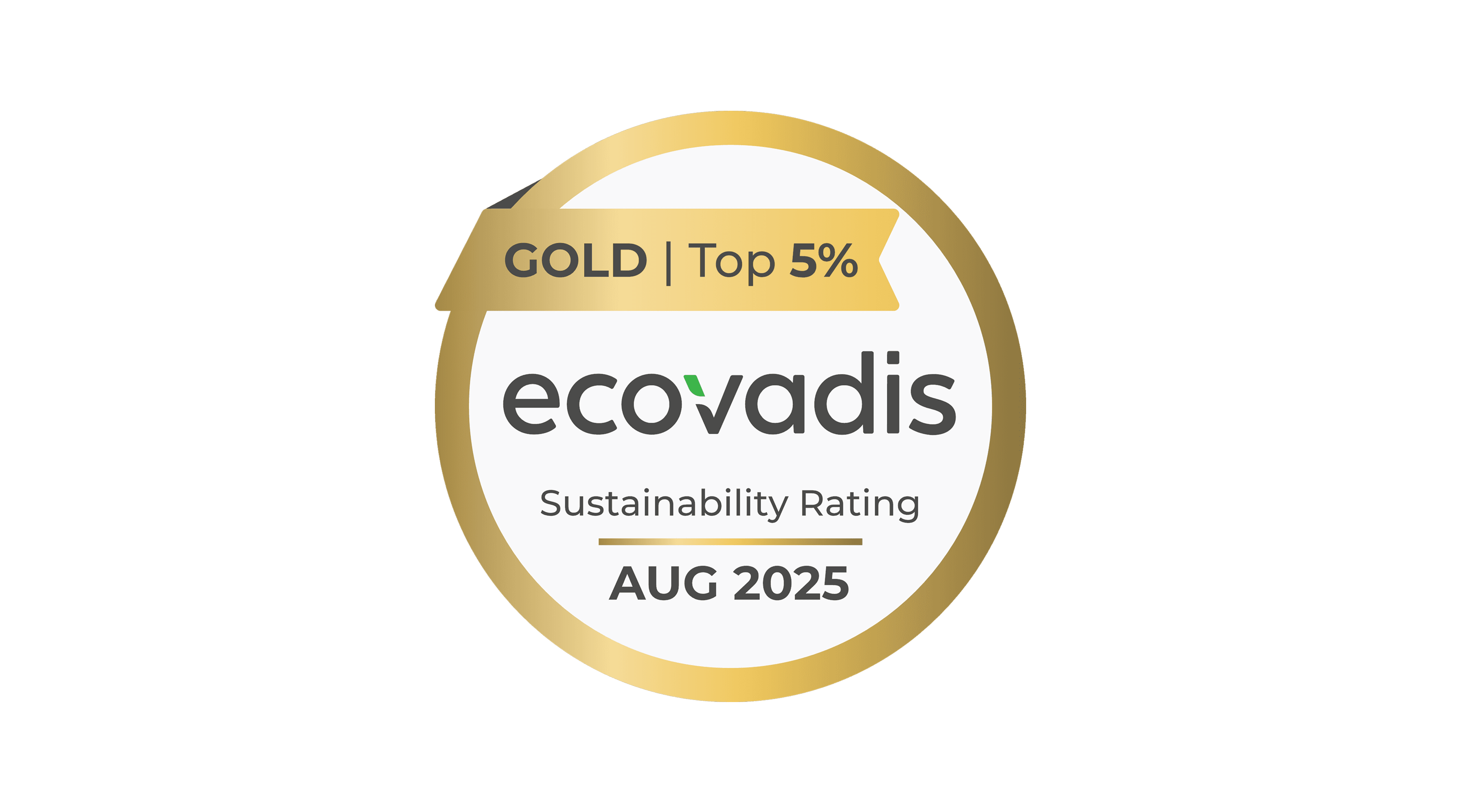 Ecovadis top 5% Gold Sustainability rating stamp from August 2025