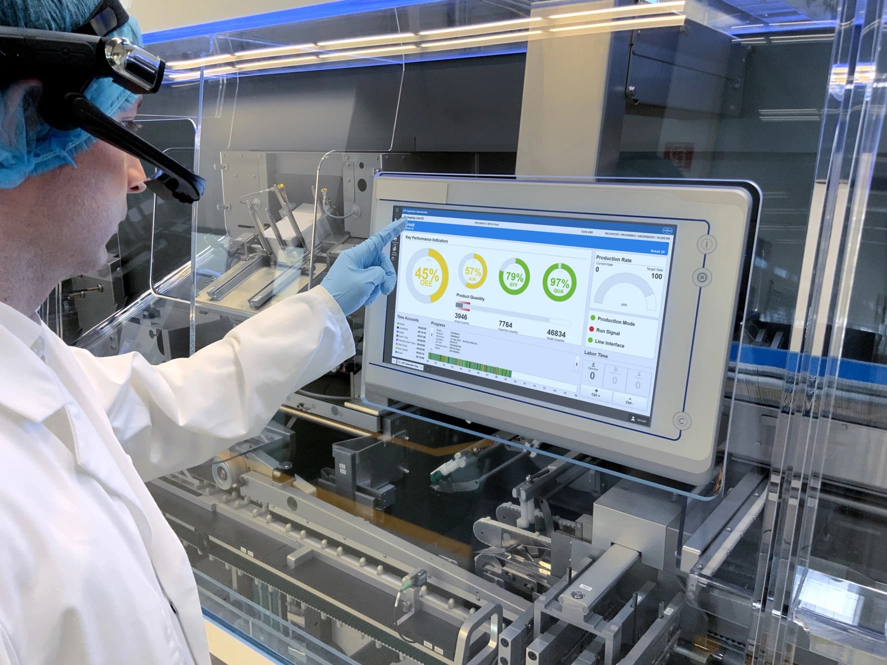 Person wearing personal protective equipment using software on a touchscreen