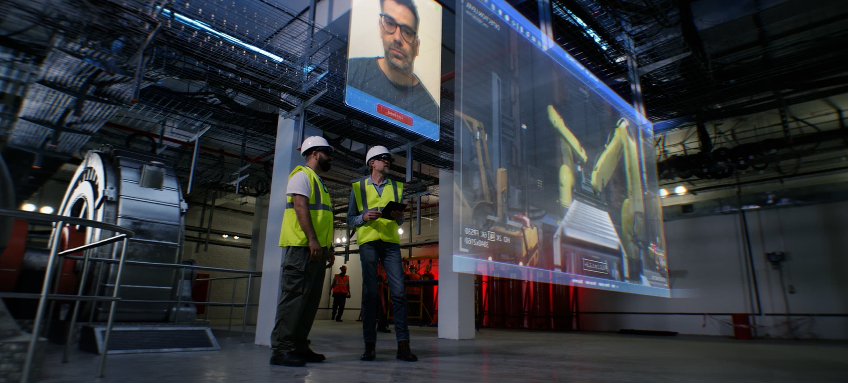 Two men in a warehouse looking at a projected screen