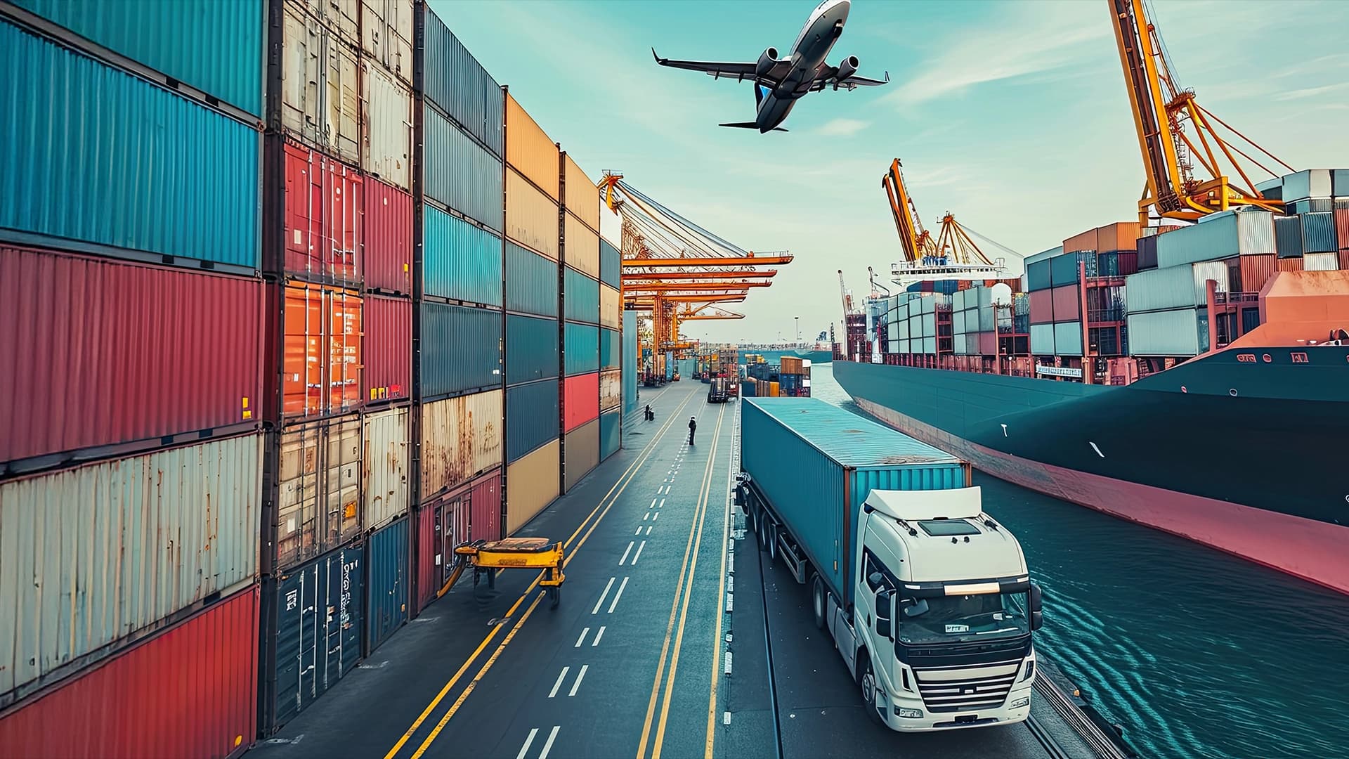 Various modes of transportation used in trade, including cargo ships, trucks, and airplanes.