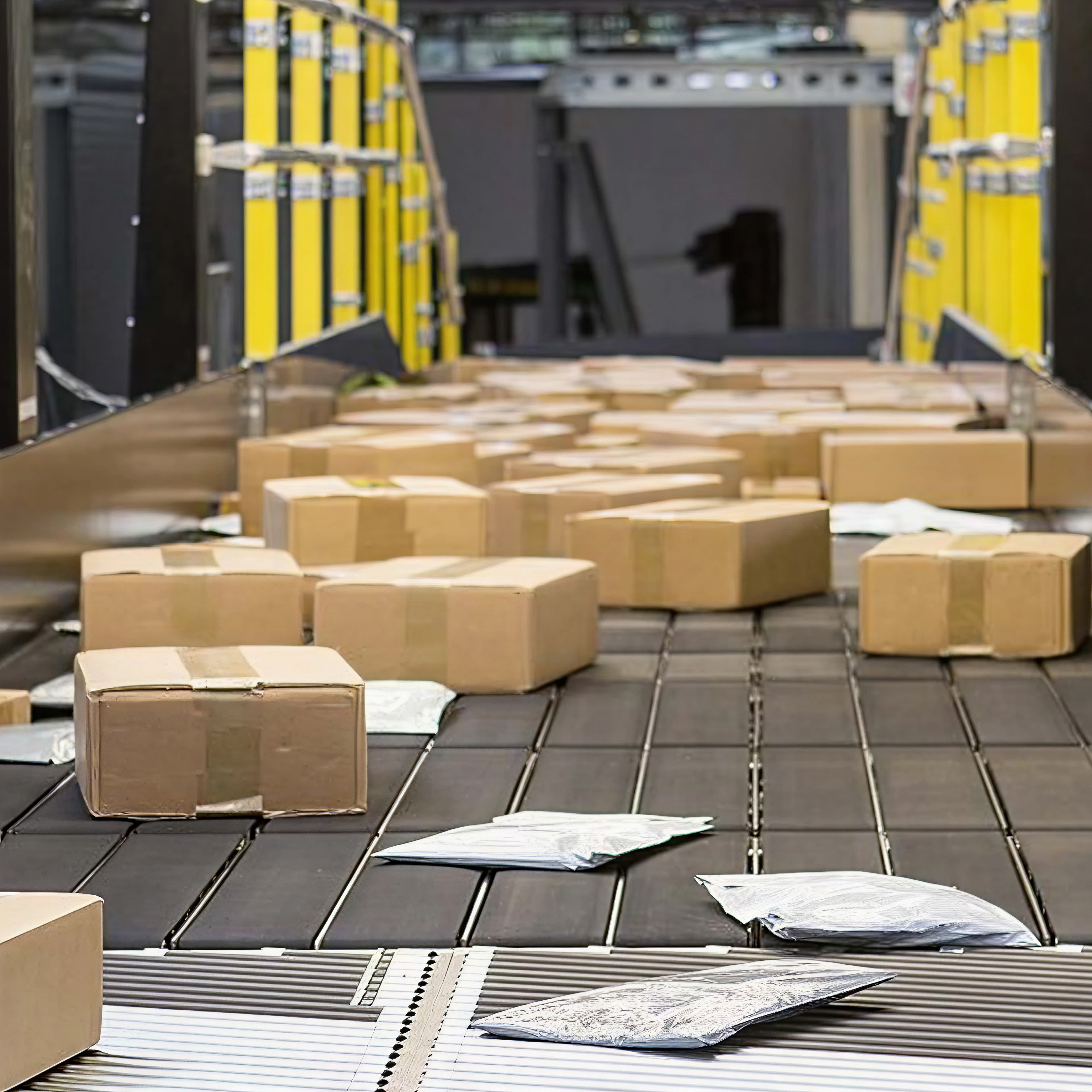 Kleine Kartonpakete auf einem Förderband.