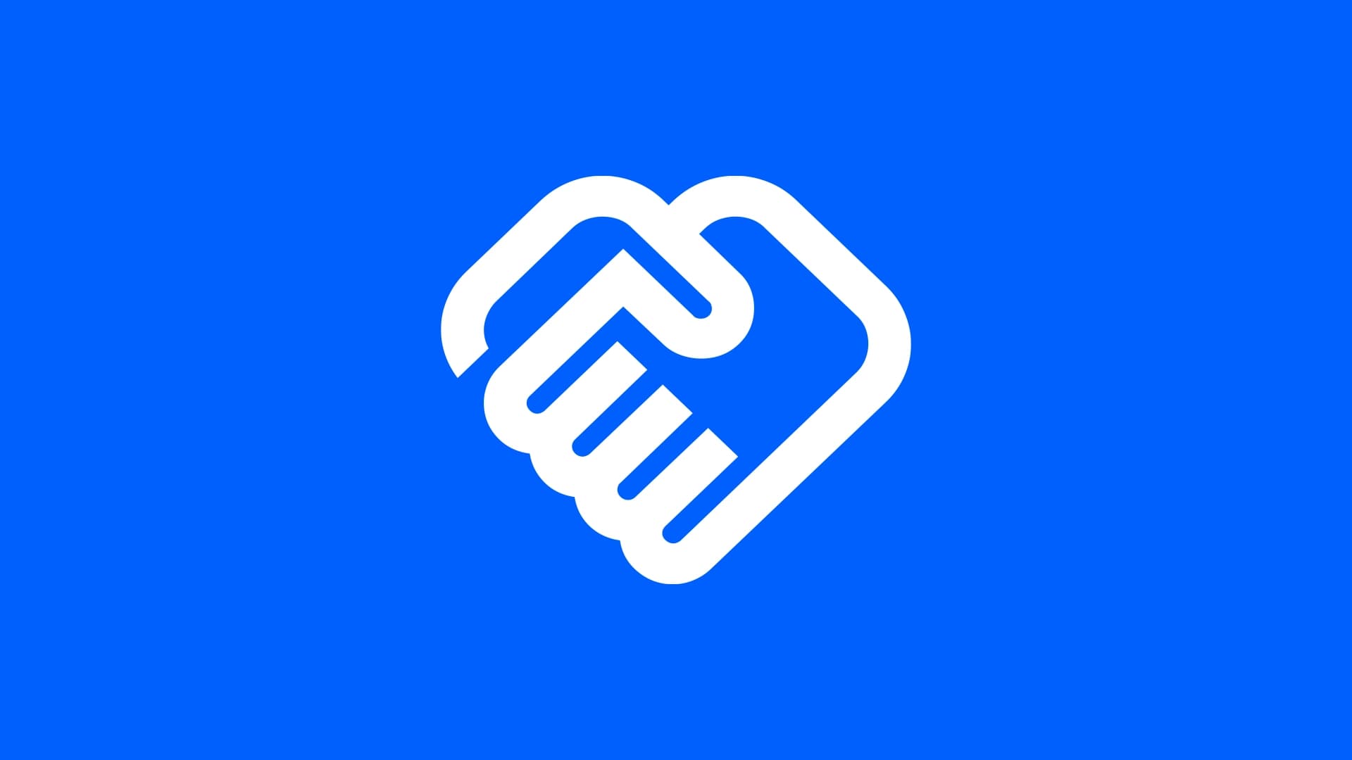 White icon of two shaking hands over a Körber blue solid background.